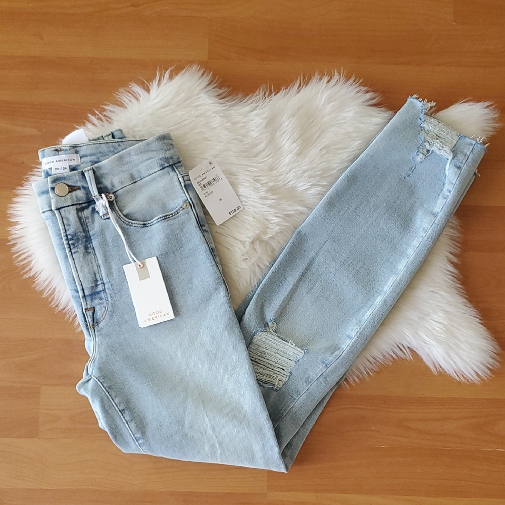 NWT Good American Good Classic Light Wash Skinny Distressed Jeans Sz 00